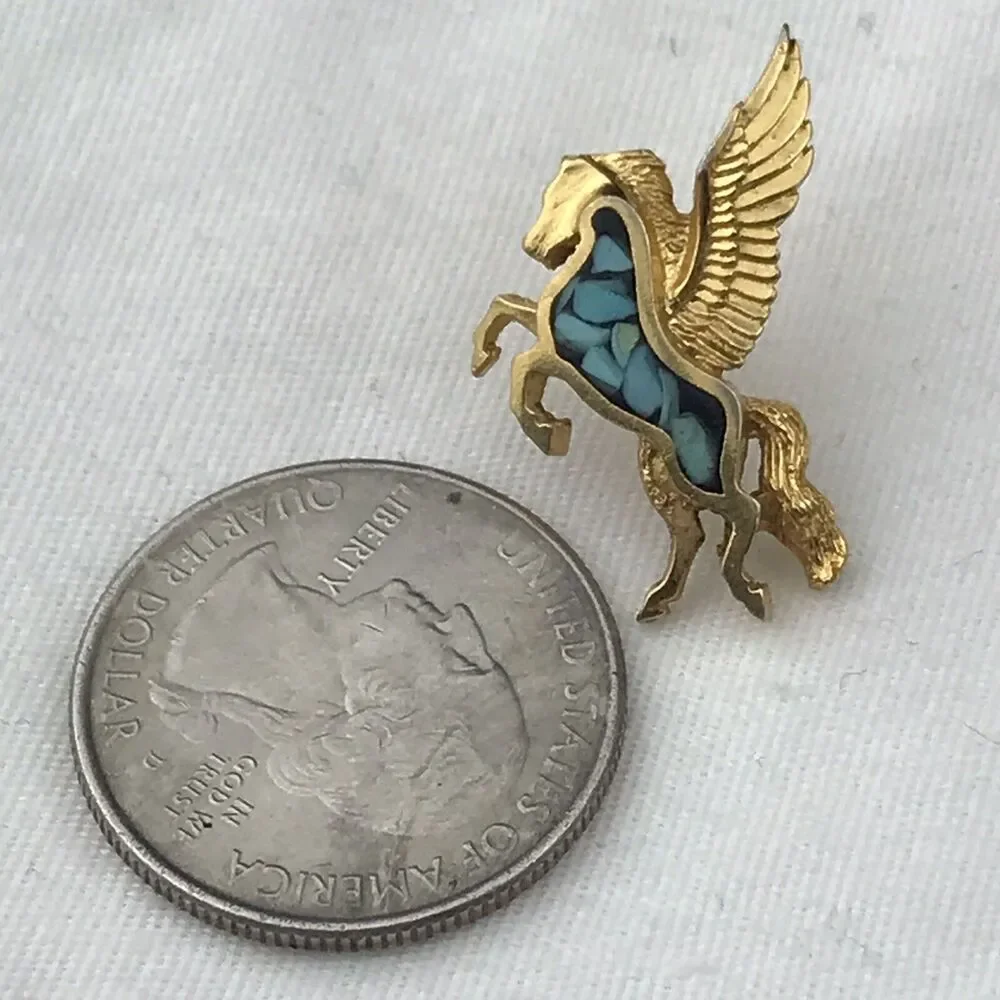 Pegasus Turquoise Pin Gold Tone Brooch Marked Signed